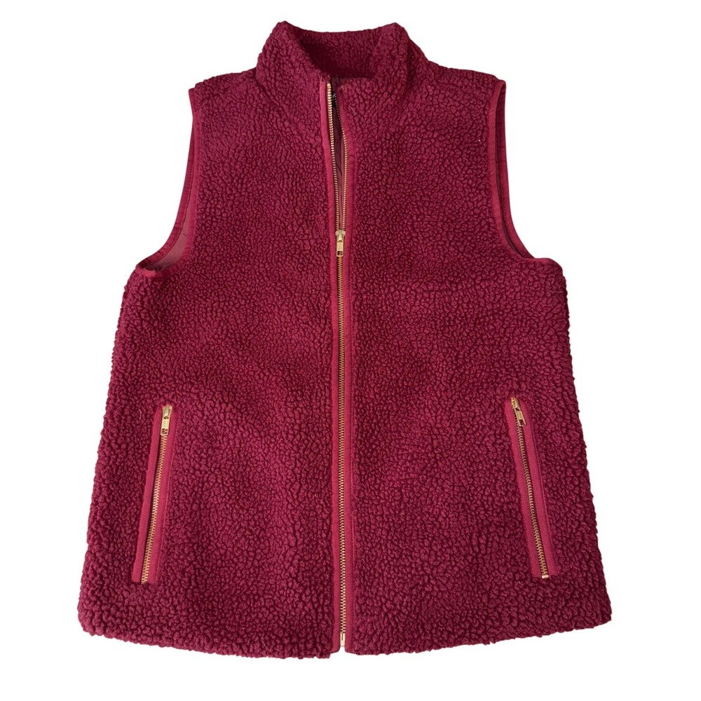 J Crew Mercantile Burgundy‎ Fuzzy Sherpa Fleece Vest Size XS Zip Front Pockets